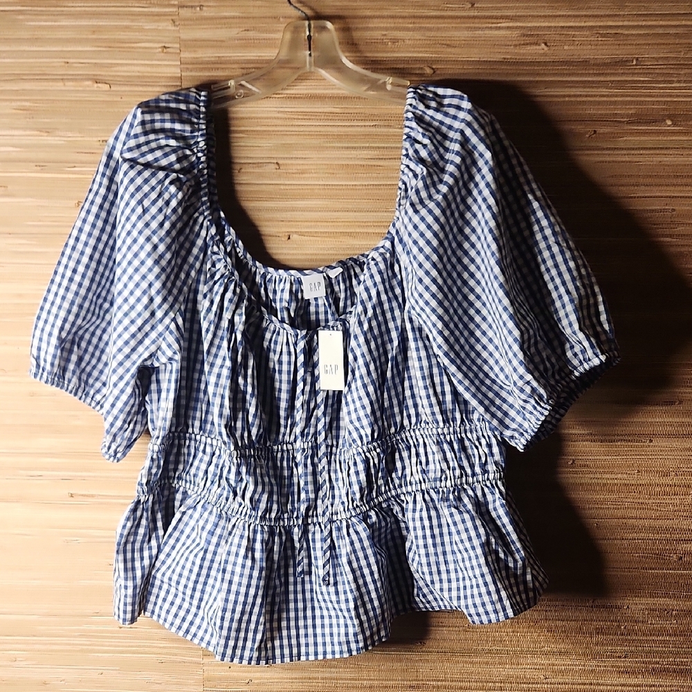 GAP Blue Gingham Puff-Sleeve Peplum Blouse Size XXL Nwt - Picture 3 of 6